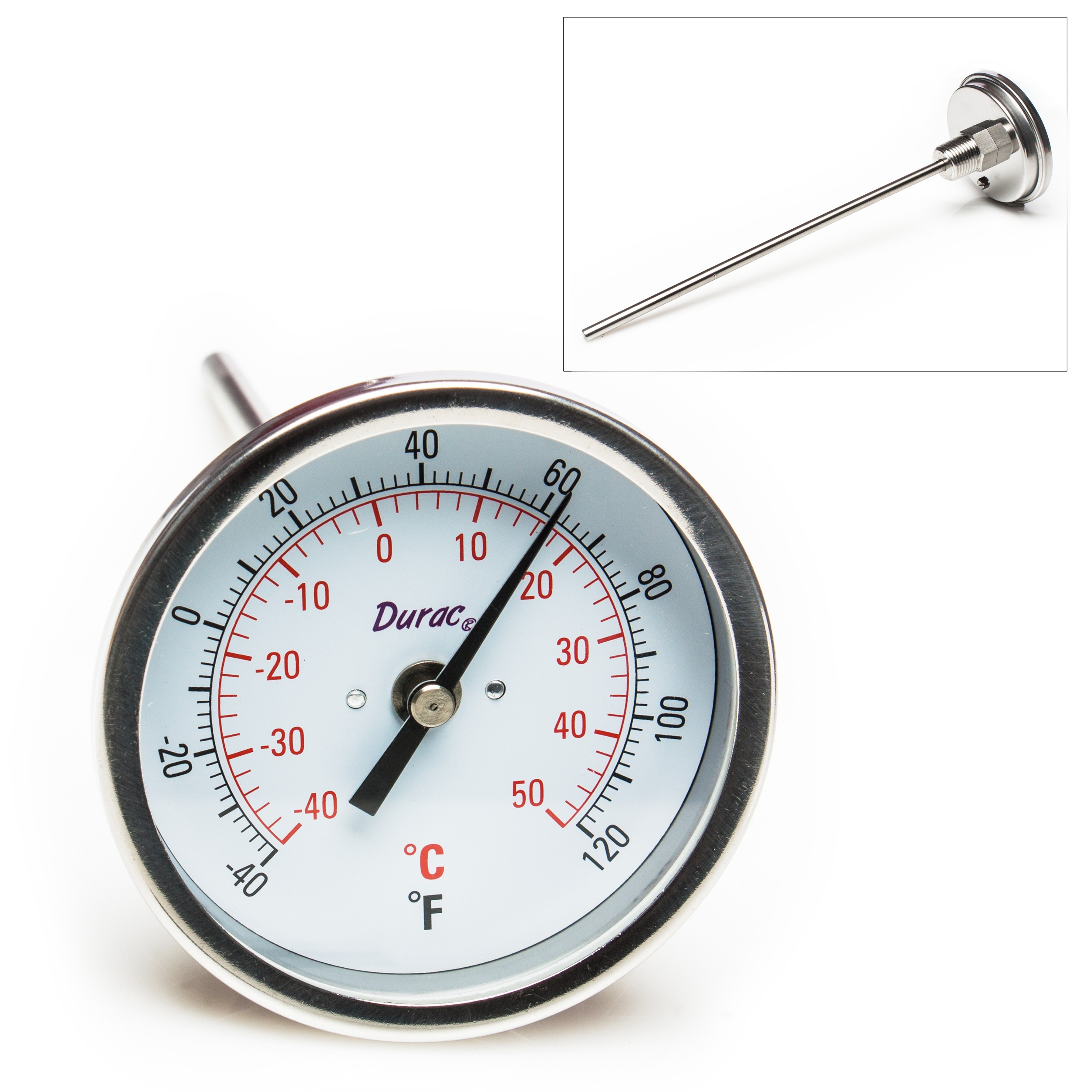 SP Bel-Art, H-B DURAC Bi-Metallic Dial Thermometer; -40 to 50C (-40 to 120F), 1/2 in. NPT Threaded Connection, 75mm Dial