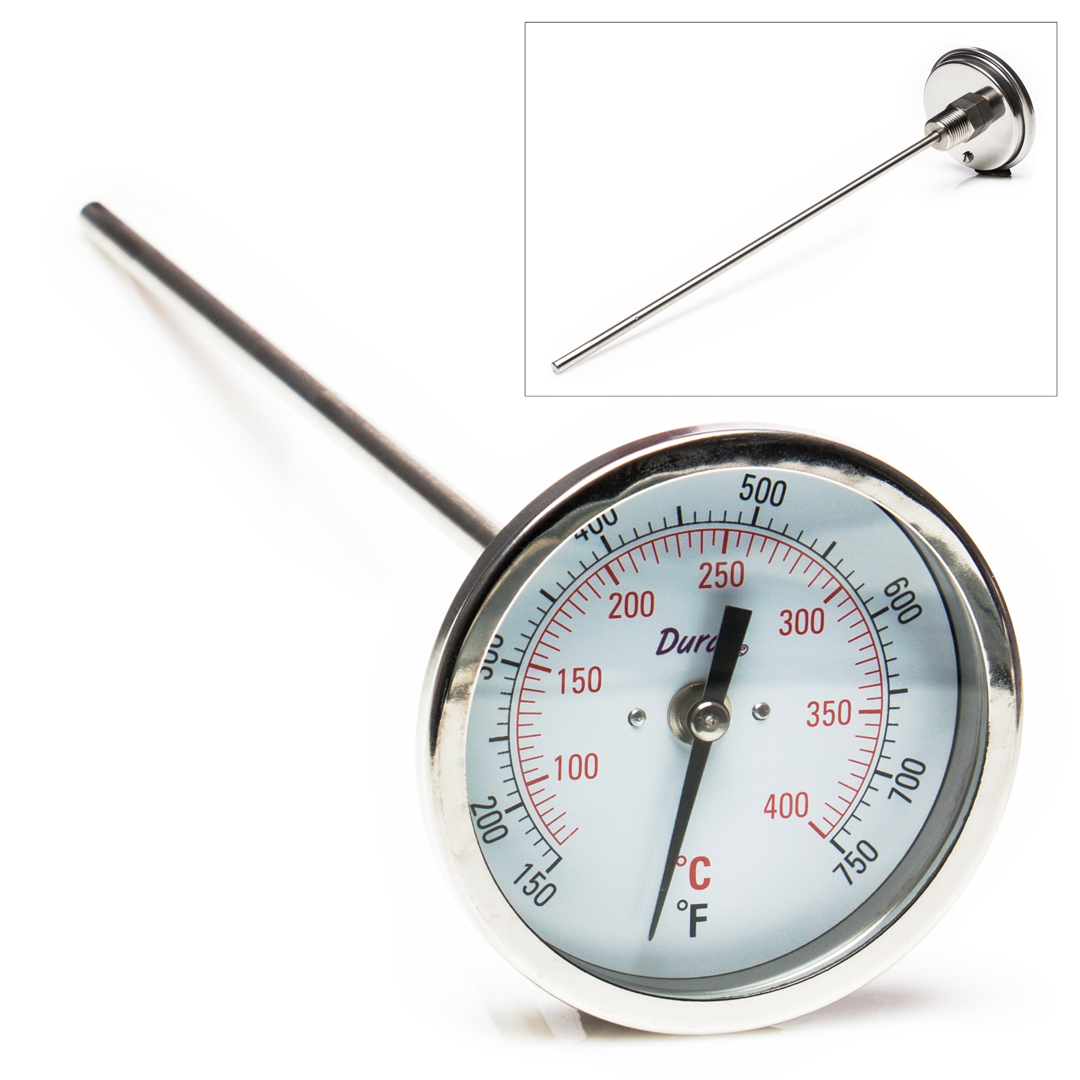 HB DURAC BiMetallic Dial Thermometer; 70 to 400C (150 to 750F), 1/2