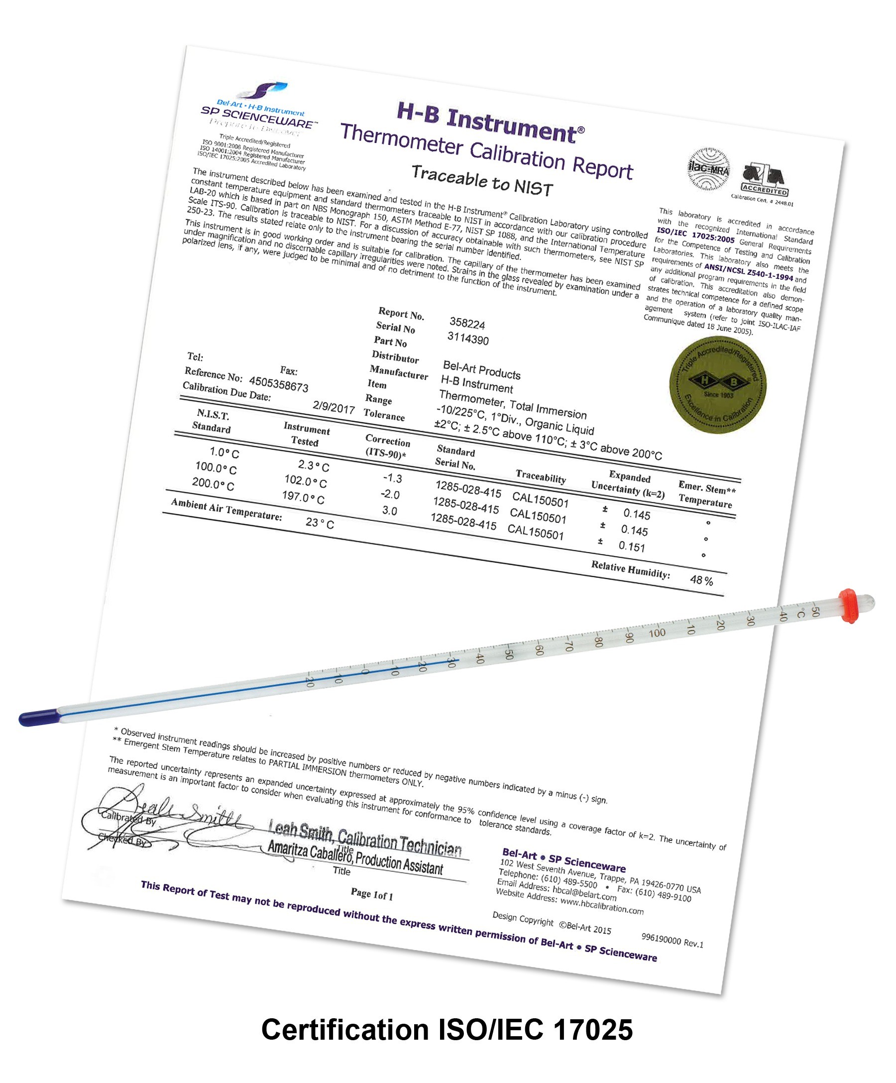 SP Bel-Art, H-B DURAC Plus Calibrated Liquid-In-Glass Laboratory Thermometer; -1 to 101C, Total Immersion, Organic Liquid Fill