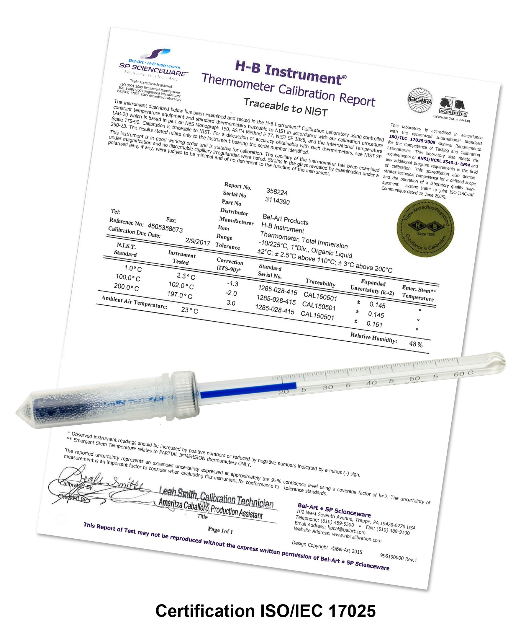 SP Bel-Art, H-B DURAC Plus Calibrated Dry Block/Incubator Liquid-In-Glass Thermometer; 18 to 60C, 35mm Immersion, Organic Liquid Fill