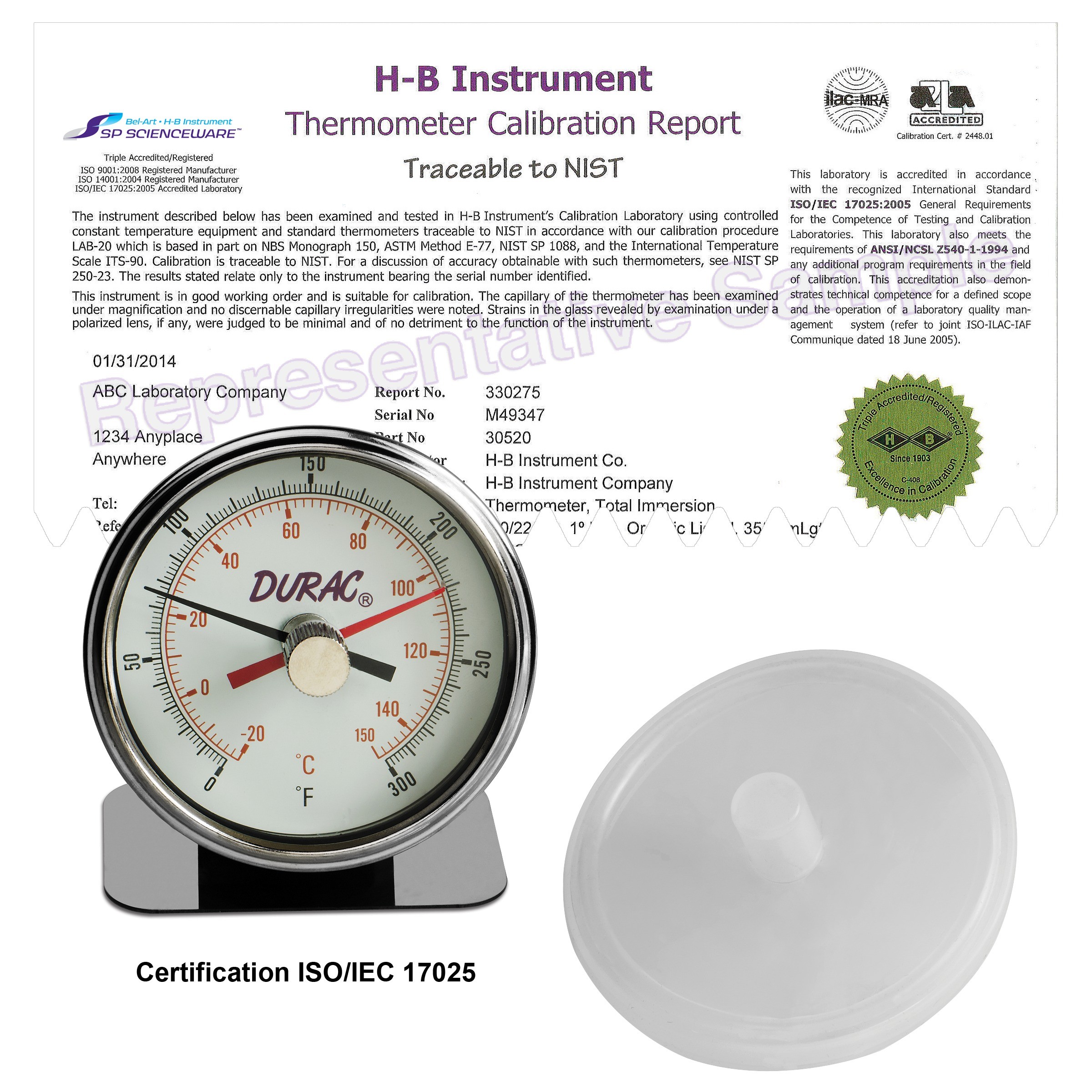 SP Bel-Art, H-B DURAC Maximum Registering / Autoclave Bi-Metal Thermometer; -20 to 150C (0 to 300F), Individual Calibration Report