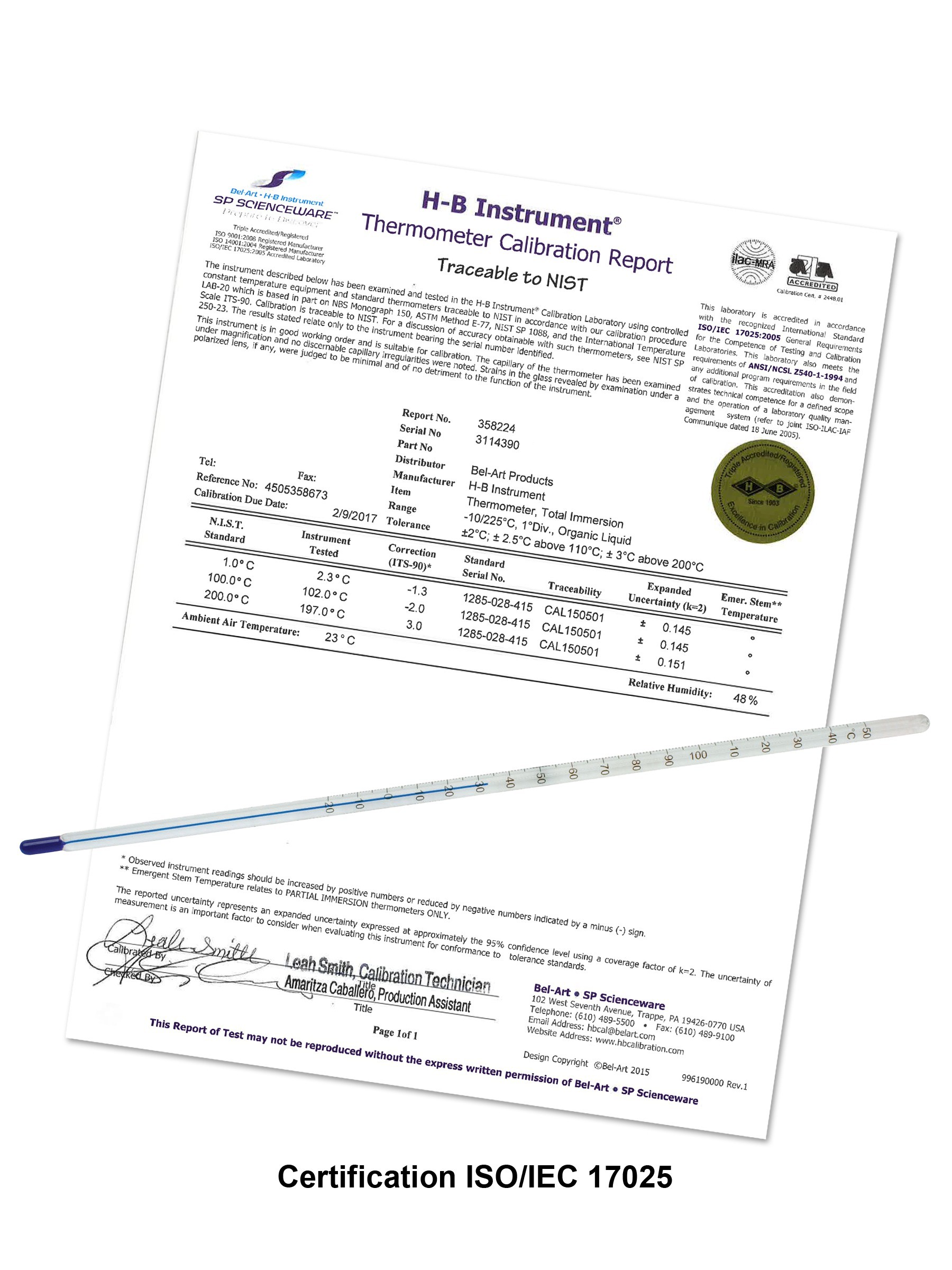 SP Bel-Art, H-B DURAC Plus ASTM S66C-03 Individually Calibrated Liquid-In-Glass Laboratory Thermometer; 75/105C, Organic Liquid Fill